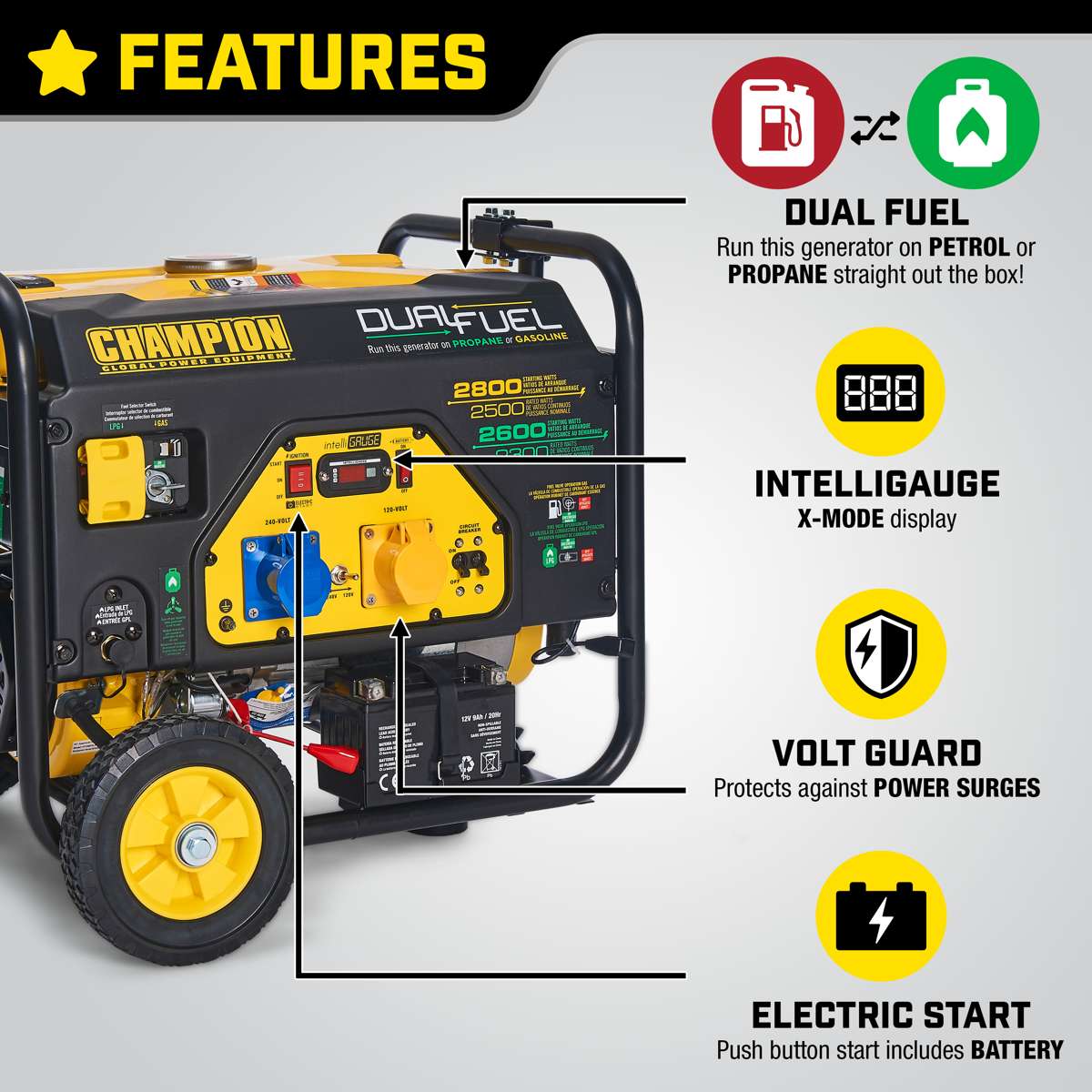 Champion 2800 Watt groupe électrogène Dual Fuel essence/propane